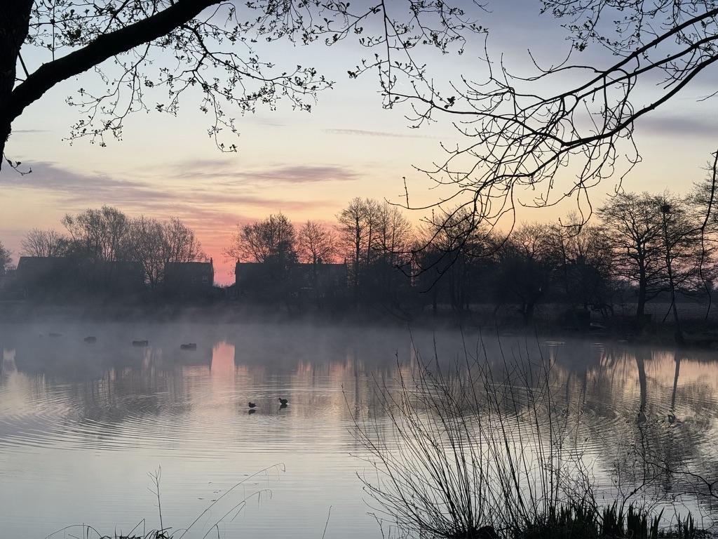 Mist rising off the lake at sunrise