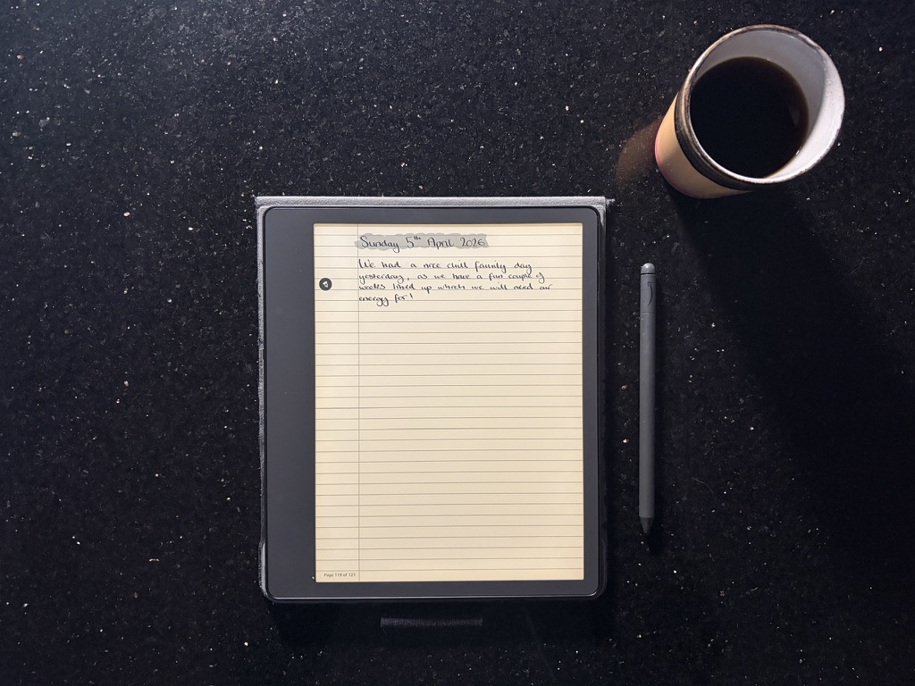Morning journal on the Scribe, coffee alongside
