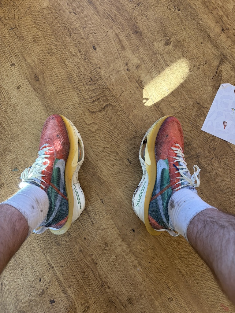 Race-day shoes on the kitchen floor